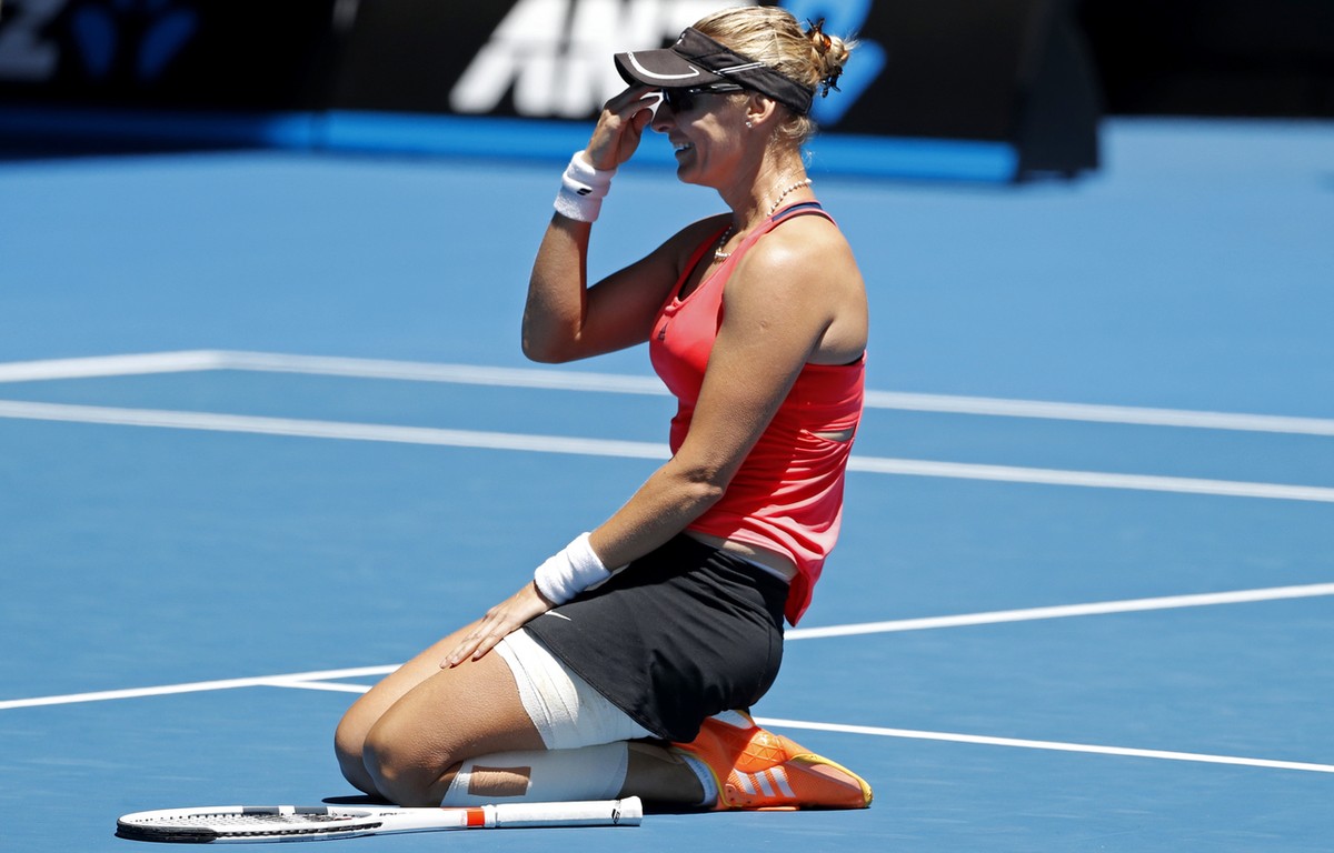 Croatia's Mirjana Lucic-Baroni celebrates after defeating Karolina Pliskova of the Czech Republic during their quarterfinal at the Australian Open tennis championships in Melbourne, Australia, We ...