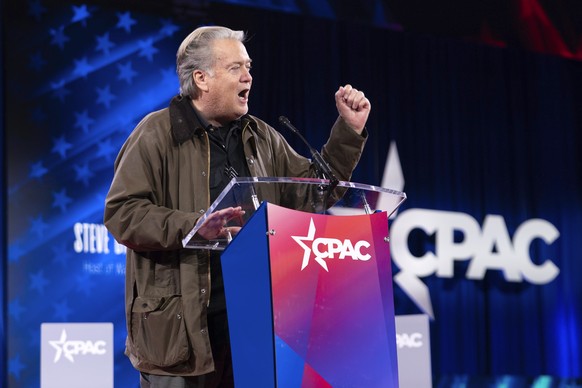 Steve Bannon speaks at the Conservative Political Action Conference, CPAC, at the Gaylord National Resort &amp; Convention Center, Thursday, Feb. 20, 2025, in Oxon Hill, Md. (AP Photo/Jose Luis Magana ...