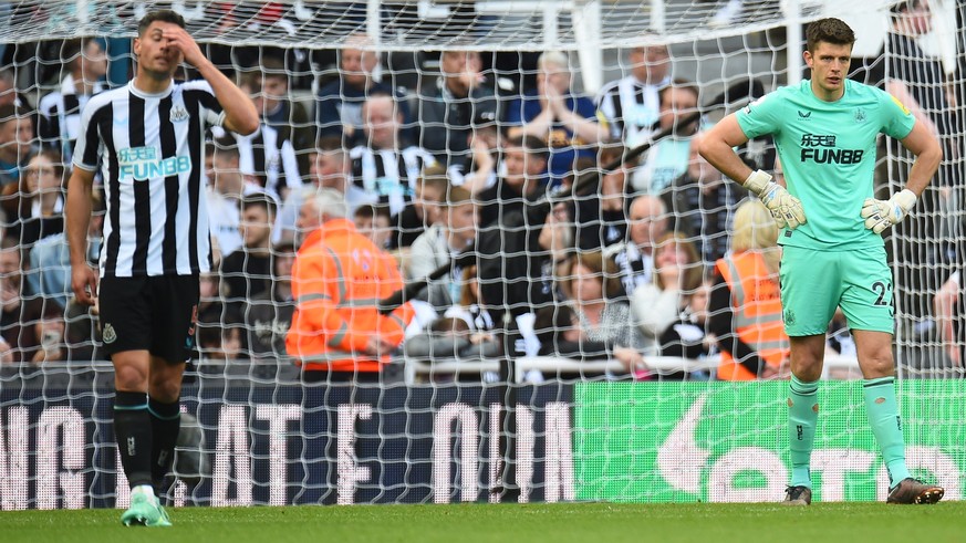epa10614277 Fabian Schar (L) of Newcastle reacts ..during the English Premier League soccer match between Newcastle United and Arsenal London in Newcastle, Britain, 07 May 2023. EPA/PETER POWELL EDITO ...