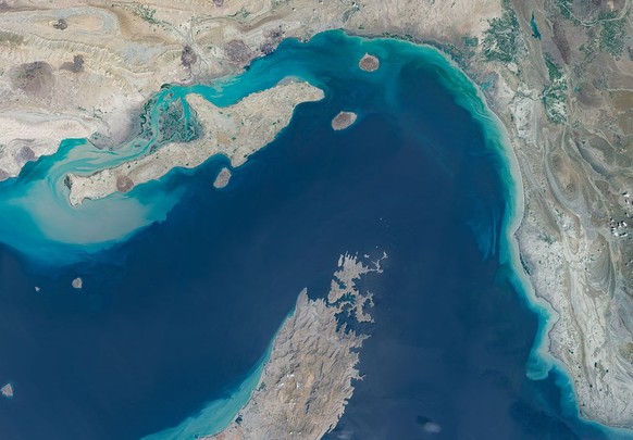 STRAIT OF HORMUZ, IRAN/OMAN -- APRIL 7, 2026: Maps4Media processed and enhanced Sentinal-2 satellite imagery shows a broad view of the Strait of Hormuz between southern Iran and Oman's Musandam P ...