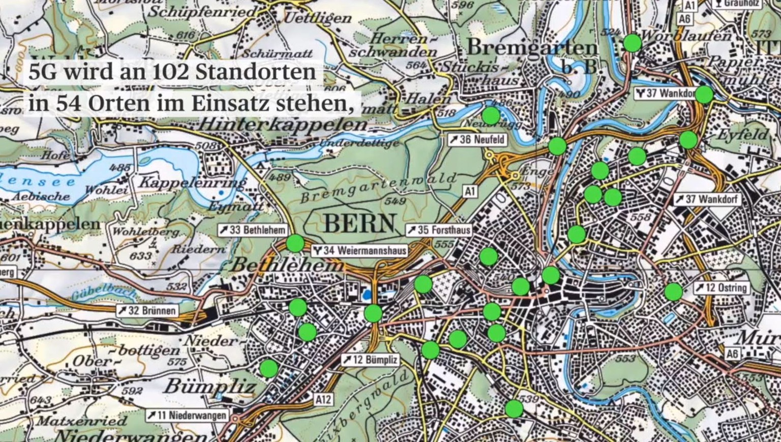 Grüne Punkte markieren eine 5G-Antenne.