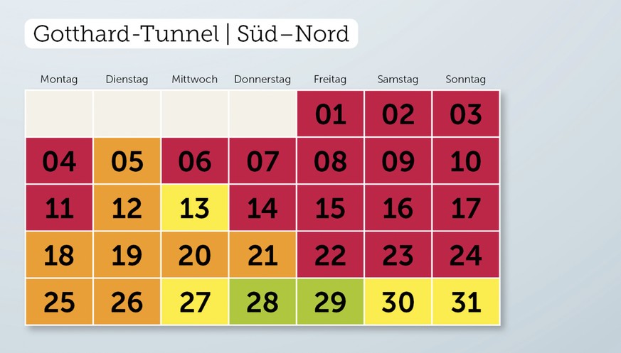 An den grünen und gelb markierten Tagen ist mit normalem oder wenig Verkehr zu rechnen.