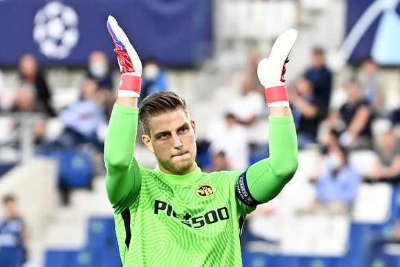 Young Boys&#039; goalkeeper David von Ballmoos reacts during the UEFA Champions League soccer match between Atalanta Bergamo of Italy and BSC Young Boys Bern of Switzerland, at the Gewiss stadium on W ...