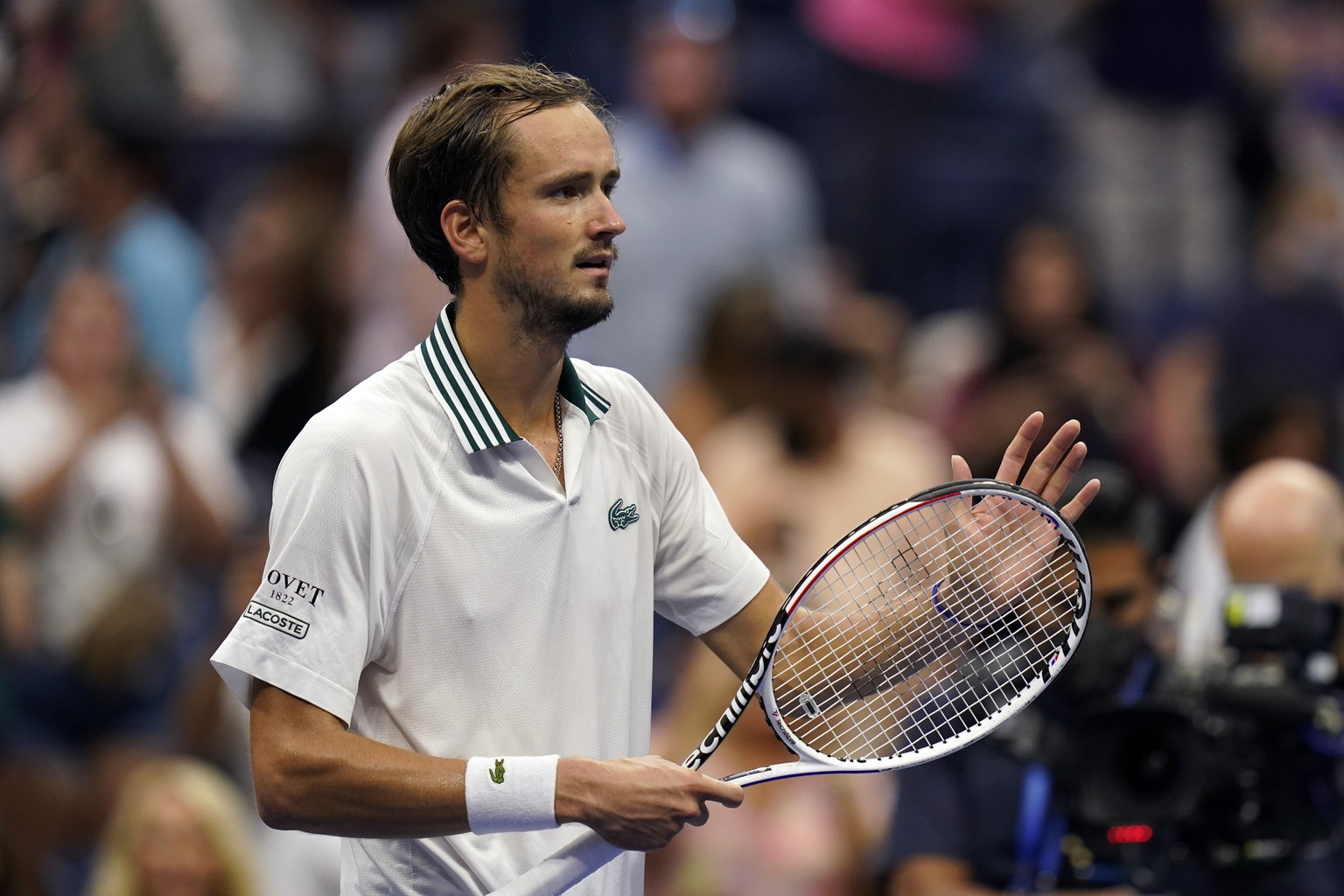 Daniil Medvedev, of Russia, celebrates after defeating Daniel Evans, of the United Kingdom, during the fourth round of the US Open tennis championships, Sunday, Sept. 5, 2021, in New York. (AP Photo/S ...