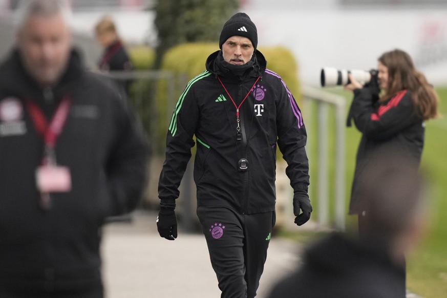 Bayern&#039;s head coach Thomas Tuchel arrives for a training session in Munich, Germany, Monday, March 4, 2024, ahead of the Champions League round of sixteen second leg soccer match between FC Bayer ...
