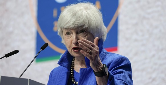 FILE - In this July 11, 2021 file photo, Treasury Secretary Janet Yellen speaks during a press conference at a G20 Economy, Finance ministers and Central bank governors&#039; meeting in Venice, Italy. ...