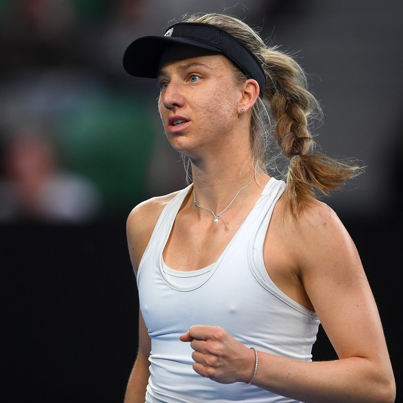 epa05733462 Mona Barthel of Germany gestures during the Womens Singles match against Ashleigh Barty of Australia in round 3 on day five of the Australian Open, in Melbourne, Australia, 20 January 2017 ...