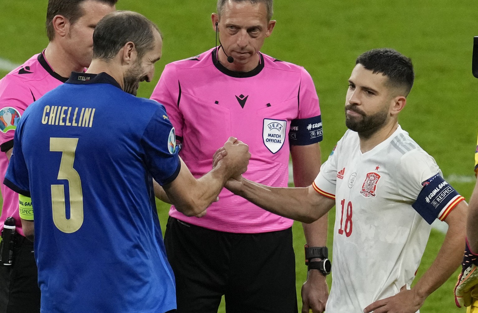 Italy&#039;s Giorgio Chiellini shakes hands with Spain&#039;s Jordi Alba ahead of a penalty shoot out during the Euro 2020 soccer championship semifinal between Italy and Spain at Wembley stadium in L ...