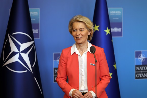 epa13095338 European Commission President Ursula von der Leyen speaks at a press conference with European Council President and NATO Secretary General during the NATO Defense Industry Forum in Ankara, ...