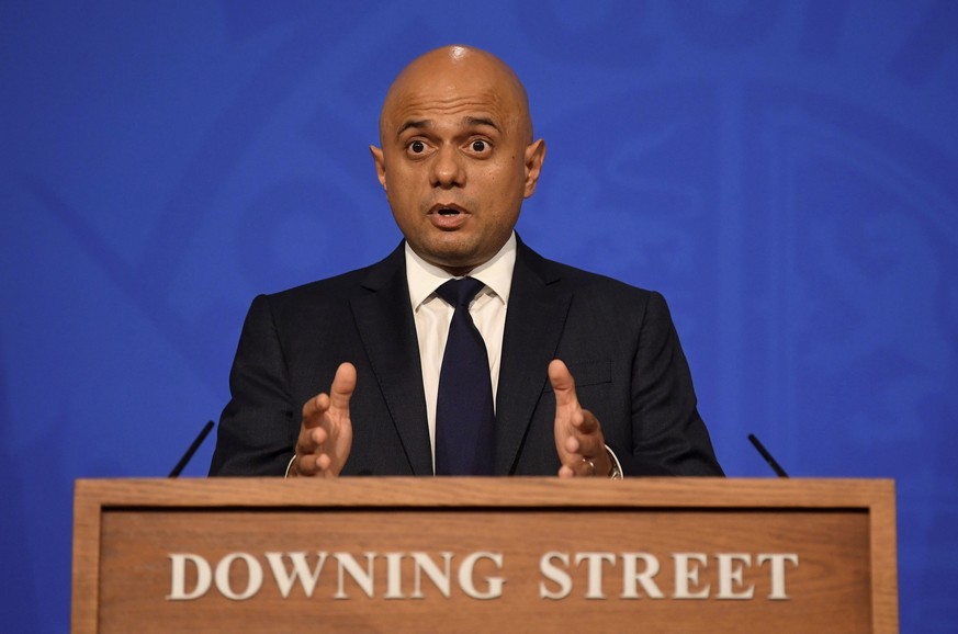 Britain's Health Secretary Sajid Javid speaks during a media briefing in Downing Street, London, Wednesday, Oct. 20, 2021. The U.K. recorded almost 50,000 new infections in a single day this week, and ...