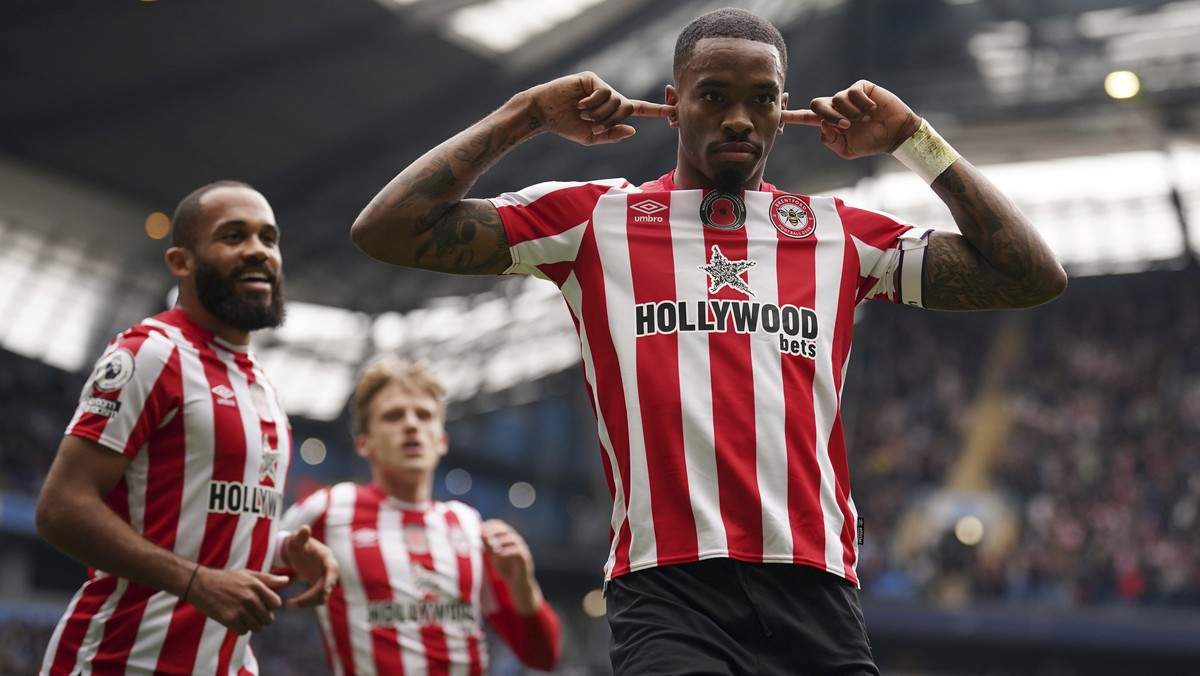 Brentford's Ivan Toney celebrates after scoring his side's first goal during the English Premier League soccer match between Manchester City and Brentford, at the Etihad stadium in Mancheste ...