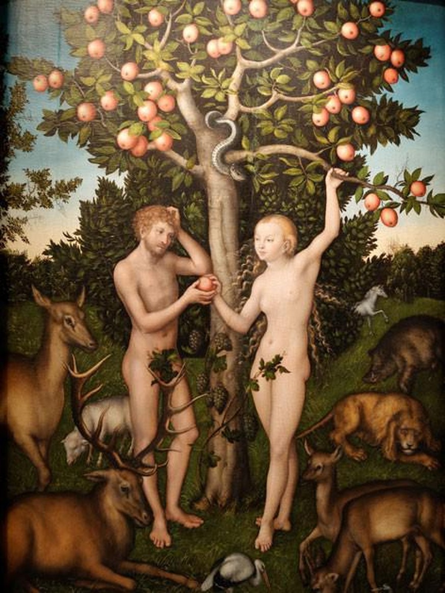 Adam und Eva unter dem Paradiesbaum, Gemälde von Lucas Cranach dem Älteren aus dem Jahr 1526.