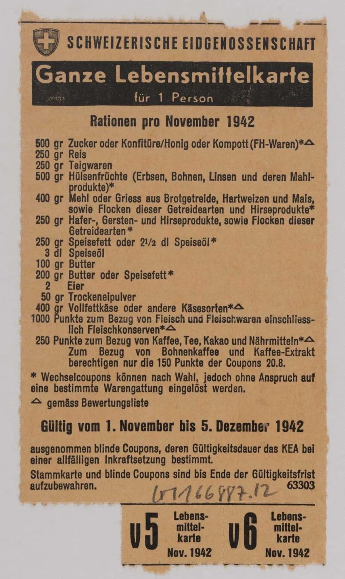 Lebensmittelkarte für eine Person, November 1942.