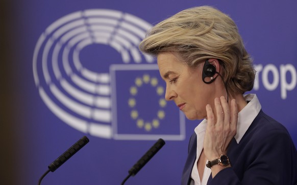 epa08951483 European Commission President Ursula von der Leyen during a press conference following a debate to present the programme of activities of the Portuguese presidency of the EU at plenary ses ...