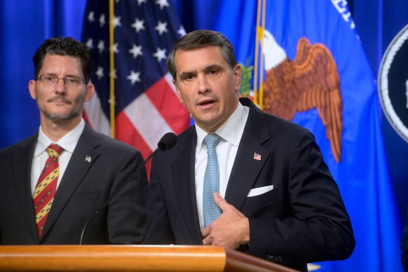 Acting Attorney General Todd Blanche, right, is joined by Deputy Assistant Secretary of the Department of State's Bureau of International Narcotics and Law Enforcement Affairs, Ambassador Michael ...