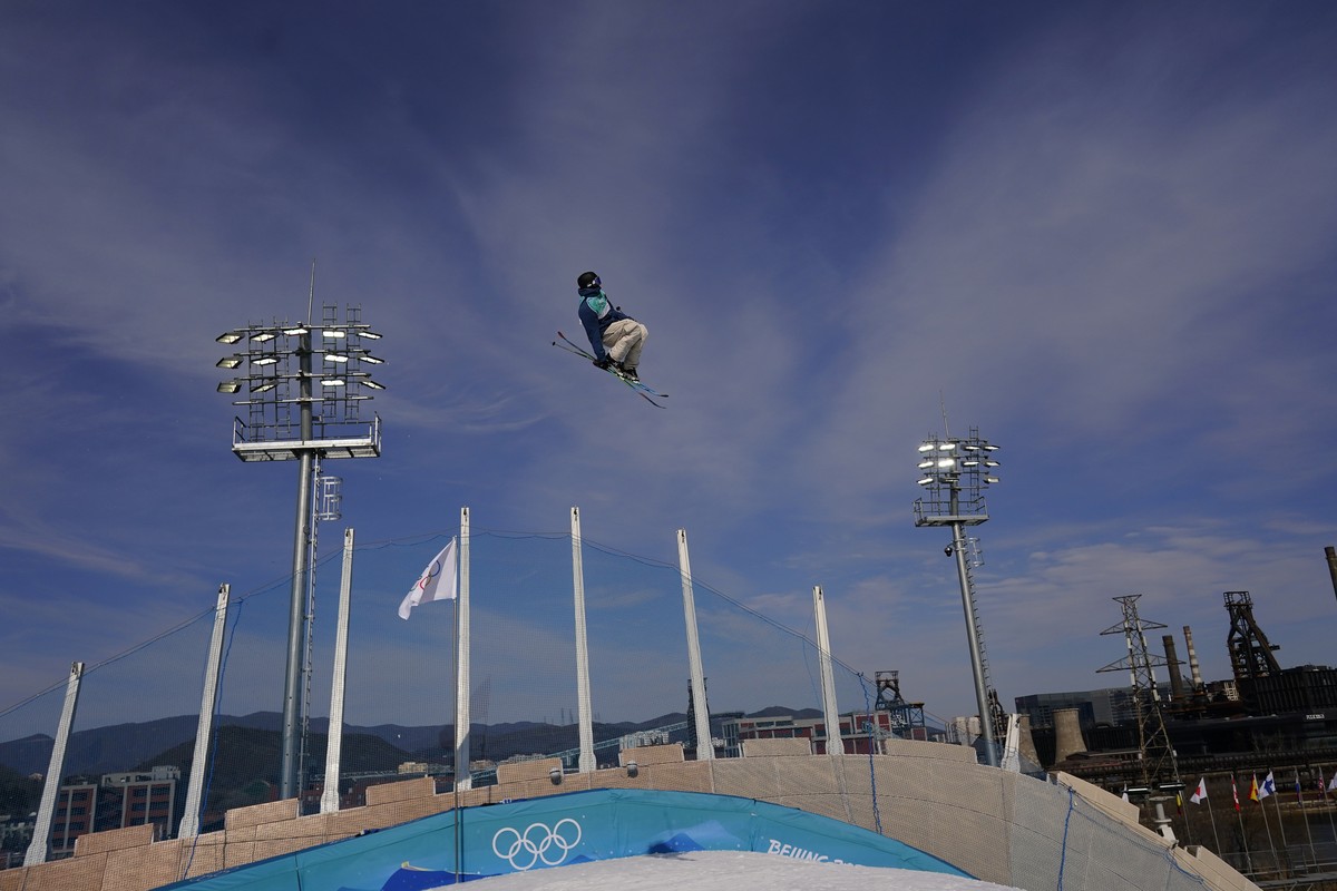 Andri Ragettli of Switzerland competes during the men's freestyle skiing big air qualification round of the 2022 Winter Olympics, Monday, Feb. 7, 2022, in Beijing. (AP Photo/Matt Slocum)
