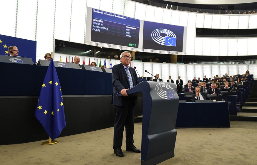 epa07940066 Jean-Claude Juncker, President of the European Commission, delivers his speech at the Review of the Juncker Commission at the European Parliament in Strasbourg, France, 22 October 2019. EP ...