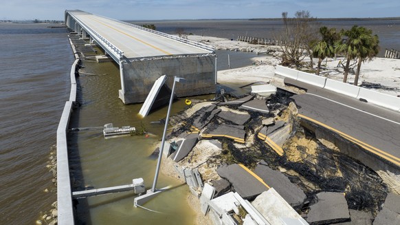 A section of the Sanibel Causeway was lost due to the effects of Hurricane Ian Thursday, Sept. 29, 2022, in Fort Myers, Fla. (AP Photo/Steve Helber)