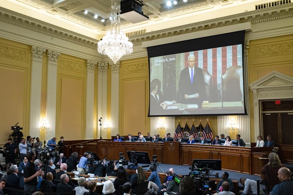 An image of then-Vice President Mike Pence is displayed as the House select committee investigating the Jan. 6 attack on the U.S. Capitol continues to reveal its findings of a year-long investigation, ...