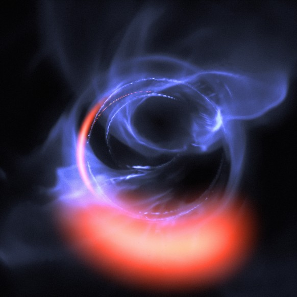 epa07132859 An undated handout photo made available by the European Southern Observatory (ESO) on 31 October 2018 shows a visualisation of gas swirling around a solar mass black hole. ESO&#039;s exqui ...