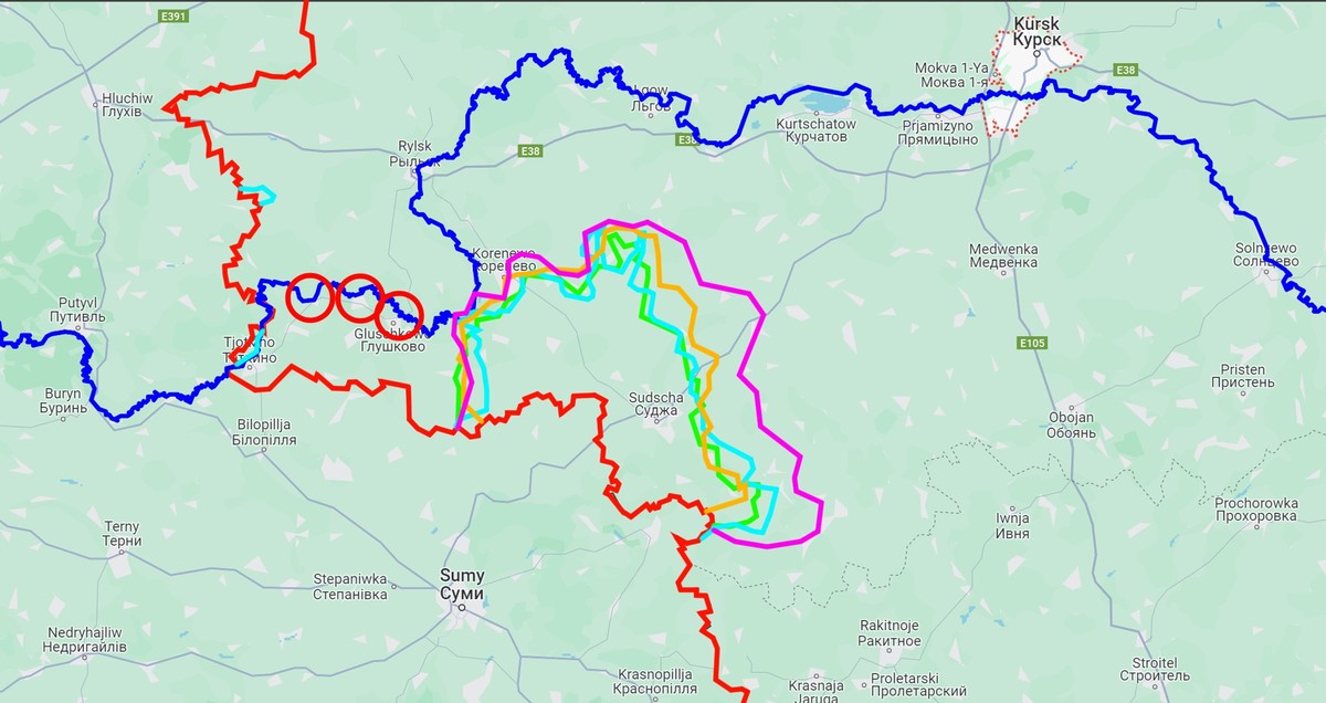 Cercles rouges: ponts détruits par l'Ukraine sur le Seïm (en bleu) près de Karyzh (à gauche), Svannoye (au centre) et Gluschkovo (à droite).