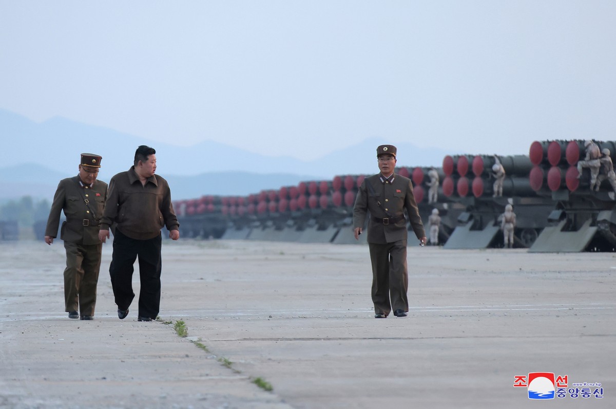 epa11381471 An undated photo released by the official North Korean Central News Agency (KCNA) shows North Korean leader Kim Jong Un supervising firing drills at an undisclosed location in North Korea  ...