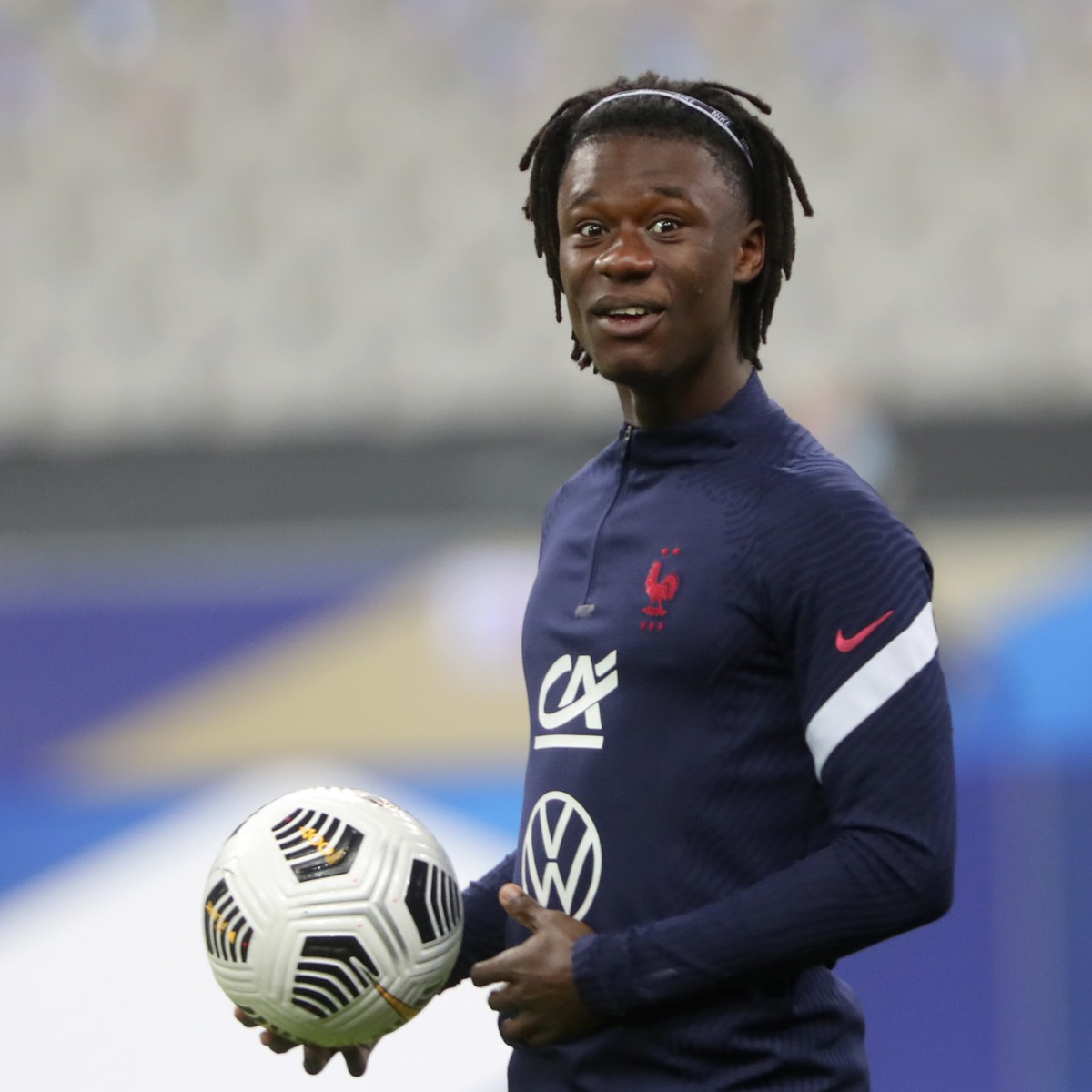 France's Eduardo Camavinga holds a ball during warmup before the UEFA Nations League soccer match between France and Portugal at the Stade de France in Saint-Denis, north of Paris, France, Sunday ...
