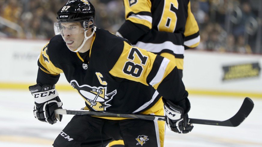 FILE - In this Sept. 22, 2018, file photo, Pittsburgh Penguins&#039; Sidney Crosby plays against the Columbus Blue Jackets during an NHL preseason hockey game, in Pittsburgh. The Eastern Conference is ...