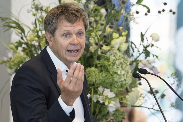Juerg Grossen, Nationalrat und Parteipraesident spricht an der Delegiertenversammlung der Gruenliberalen Partei Schweiz, GLP, am Samstag, 25. August 2018, in Spiez. (KEYSTONE/Peter Schneider)