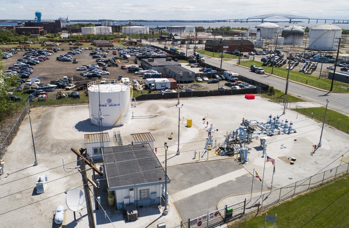 epa09189742 An image made with a drone shows a Colonial Pipeline facility in Baltimore, Maryland, USA, 10 May 2021. A cyberattack forced the shutdown of 5,500 miles of Colonial Pipeline's sprawli ...