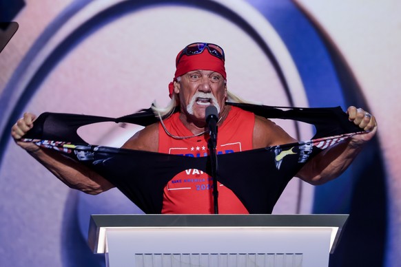 epa11486546 Professional wrestler Hulk Hogan speaks on the fourth day of the Republican National Convention (RNC) at Fiserv Forum in Milwaukee, Wisconsin, USA, 18 July 2024. The convention comes days  ...
