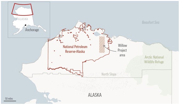 Map locates the Willow oil-drilling project in Alaska?s Western Arctic, which the Biden administration approved March 13.