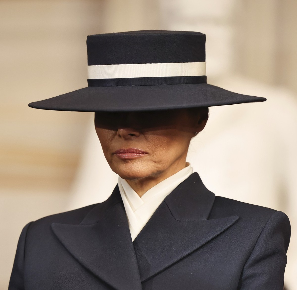 First lady Melania Trump bows her head during the 60th Presidential Inauguration in the Rotunda of the U.S. Capitol in Washington, Monday, Jan. 20, 2025. (Chip Somodevilla/Pool Photo via AP)