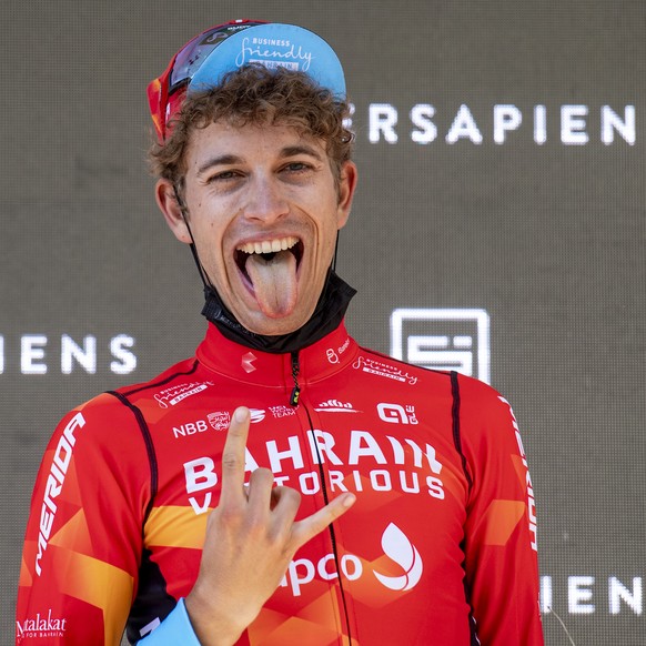 Gino Maeder from Switzerland of Bahrain Victorious reacts after the eigth and final stage, a 160 km race with start and finish in Andermatt, at the 84th Tour de Suisse UCI ProTour cycling race, on Sun ...