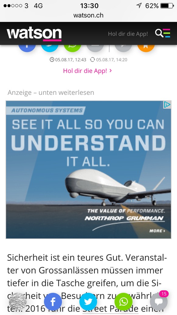 Street Parade, Badenfahrt, PalÃ©o â der Schutz vor Terror-AnschlÃ¤gen geht ins Geld
Welch sÃ¼sse Ironie, dass genau Watson beim Thema Sicherheit Anzeigen von Northrop Grumman schaltet. Und ich dacht ...