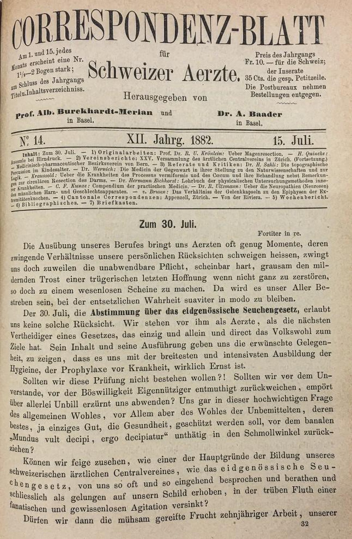 Ausschnitt aus dem «Correspondenz-Blatt für Schweizer Ärzte», 15. Juli 1882, zur Volksabstimmung über das Epidemiengesetz. 
https://saez.ch/article/doi/saez.2021.19601