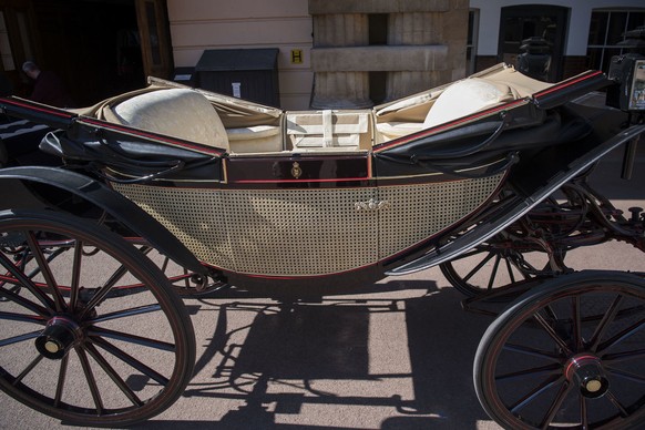 The Ascot Landau, open carriage, which will be used in the case of dry weather, for the wedding of Britain&#039;s Prince Harry and Meghan Markle, during preparations in the Royal Mews at Buckingham Pa ...