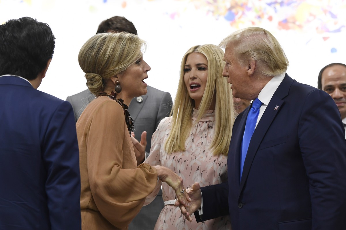 President Donald Trump and Ivanka Trump talk with Queen Maxima, second left, of the Netherlands following the G-20 summit event on women's empowerment in Osaka, Japan, Saturday, June 29, 2019. (A ...
