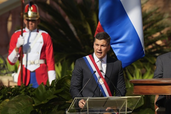 Paraguay&#039;s new President Santiago Pena speaks after he was sworn-in on his inauguration day in Asuncion, Paraguay, Tuesday, Aug. 15, 2023. (AP Photo/Jorge Saenz)
Santiago Pena