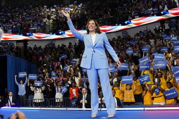FILE - Vice President Kamala Harris waves during a campaign rally, July 30, 2024, in Atlanta. (AP Photo/John Bazemore, File)
Kamala Harris
