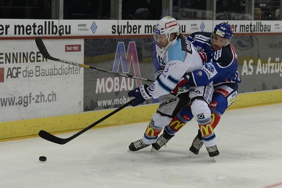 Hier behauptet sich&nbsp;Derrick Walser (Lakers) gegen Dan Fritsche (ZSC).