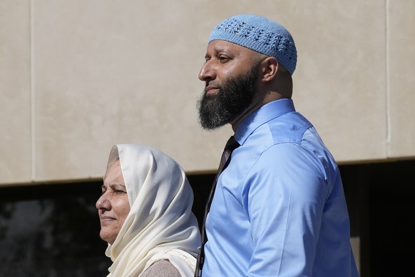 FILE - Adnan Syed, right, and his mother Shamim Rahman, follow attorney Erica Sutter, not in the photo, to talk with reporters outside Maryland&#039;s Supreme Court in Annapolis, Md., Oct. 5, 2023, fo ...