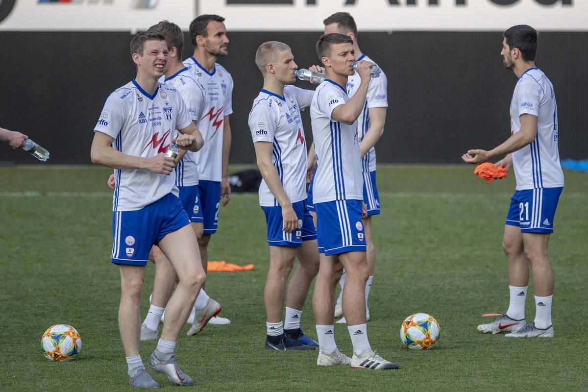 The Faroe Islands Team of KI Klaksvik at a training session at the swissporarena stadium in Lucerne, Switzerland, on Wednesday, July, 24, 2019. Faroe Islands Team of KI Klaksvik scheduled to play agai ...