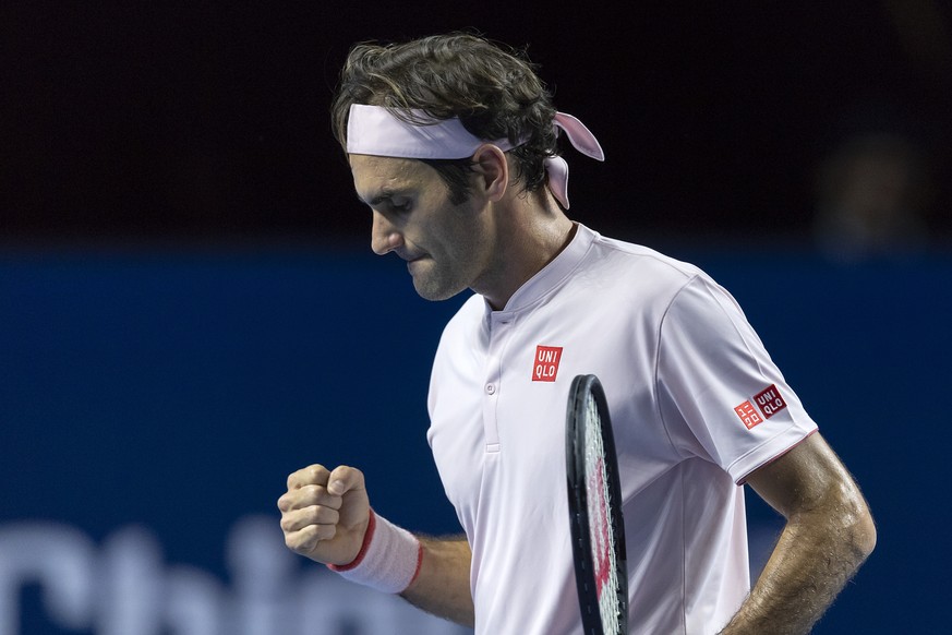 Switzerland&#039;s Roger Federer during his first round match against Serbia&#039;s Filip Krajinovic at the Swiss Indoors tennis tournament at the St. Jakobshalle in Basel, Switzerland, on Tuesday, Oc ...
