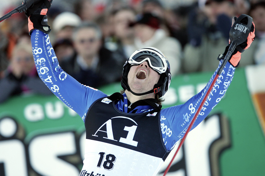 Marc Berthod (Schweiz) jubelt Alpiner Skilauf Herren Weltcup 2006 2007, Worldcup, World Cup, Welt, WC, Ski Alpin, Skisport, Slalom Einzelbild Hahnenkamm Kitzbühel Freude, Begeisterung Alpiner Skilauf  ...