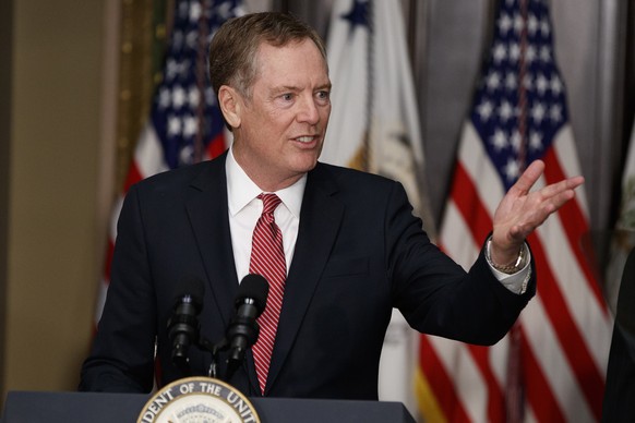 FILE- In this Monday, May 15, 2017, photo, U.S. Trade Representative Robert Lighthizer speaks in the Eisenhower Executive Office Building on the White House complex in Washington during his swearing-i ...