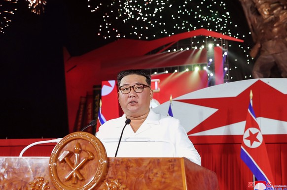 epa10094868 A photo released by the official North Korean Central News Agency (KCNA) shows North Korean leader Kim Jong Un presiding over an event marking the 69th anniversary of the 1950-53 Korean Wa ...