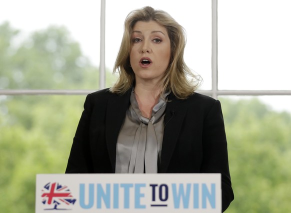 FILE - Britain&#039;s Defence Secretary Penny Mordaunt speaks ahead of Foreign Secretary Jeremy Hunt launching his leadership campaign for the Conservative Party in London, June 10, 2019. The contest  ...