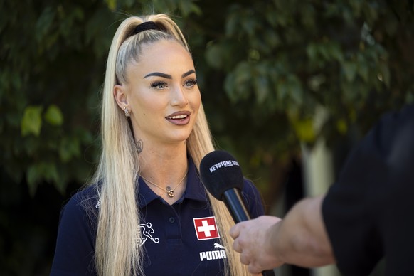 Switzerland&#039;s player Alisha Lehmann speaks with Julien Grindat, Videojournalist of Keystone-SDA, during a Media Point at Elba Estepona Gran Hotel, in Estepona, Spain, Wednesday, February 21, 2024 ...