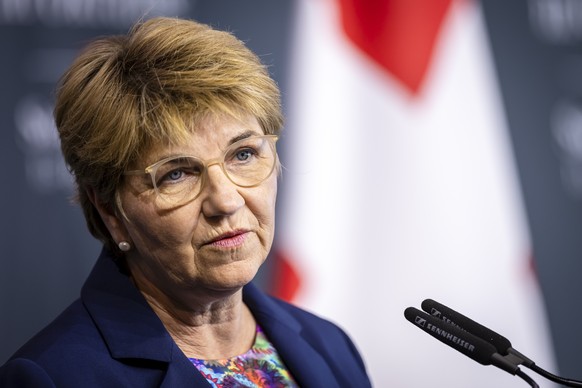epa11415528 Swiss Federal President Viola Amherd speaks during the Swiss closing press conference at the Summit on Peace in Ukraine in Stansstad near Lucerne, Switzerland, 16 June 2024. International  ...